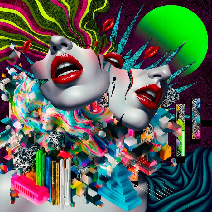 A vibrant, chaotic digital collage featuring fragmented white mannequin faces with red lips, colorful swirling patterns, a green sphere, and scattered 3D geometric blocks.