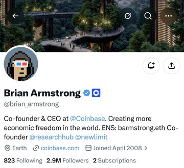 A Twitter/X profile page for Brian Armstrong (@brian_armstrong), Co-founder & CEO at Coinbase, showing 823 Following and 2.9M Followers.