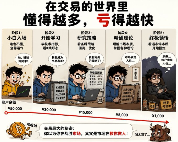 A Chinese-language infographic titled '在交易的世界里，懂得越多，亏得越快' showing a five-stage progression of a trader losing money, with account balance declining from ¥50,000 to ¥1,000, ending with a Bitcoin coin and a bull saying 'I am too difficult'.
