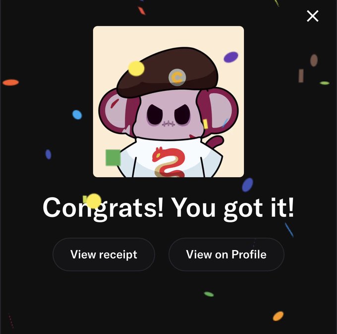 A celebratory screen reading 'Congrats! You got it!' featuring a cartoon character wearing a beret, with buttons to 'View receipt' and 'View on Profile.'