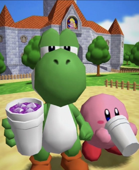 A 3D render of Yoshi holding a purple drink cup alongside Kirby holding a white cup, with Princess Peach's Castle visible in the background of the Mushroom Kingdom.