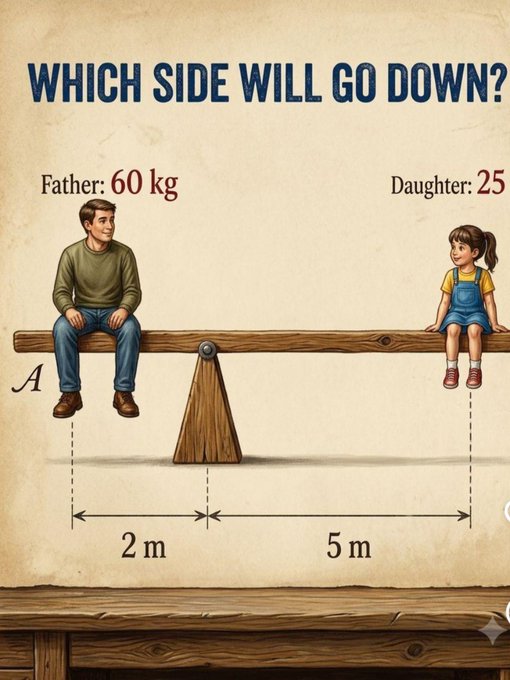 A wooden seesaw with a father (60 kg) sitting on the left side 2 m from the fulcrum and a daughter (25 kg) on the right side 5 m from the fulcrum, illustrating a physics puzzle asking which side will go down based on torque.

The father creates a torque of 60 × 2 = 120 kg·m, while the daughter creates 25 × 5 = 125 kg·m—meaning the daughter's side goes down.