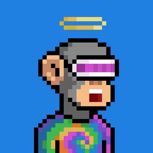 A pixel art sprite of a futuristic soldier with a helmet, purple visor, and colorful tie-dye shirt, featuring a golden halo above their head against a blue background.