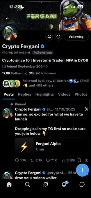 A screenshot of a Twitter/X profile for 'Crypto Fergani' (@cryptofergani) showing 318.9K followers, a pinned post announcing a launch on their Telegram channel 'Fergani Alpha' (t.me), and prompts viewers to 'drop your solana wallet'.