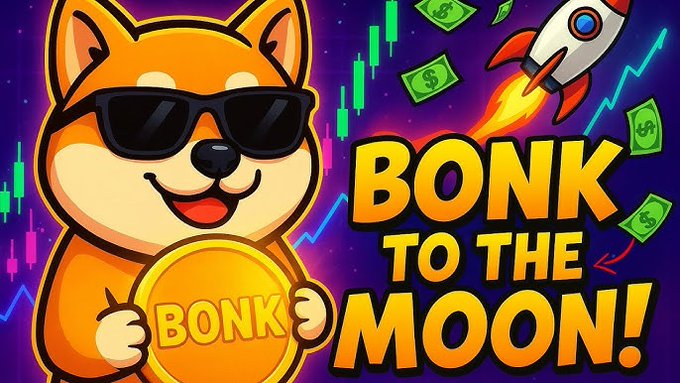A cartoon Shiba Inu dog wearing sunglasses holds a gold coin labeled "BONK," surrounded by a rocket ship blasting off, floating dollar bills, and green candlestick charts against a starry purple background, with the bold text "BONK TO THE MOON!" displayed prominently—visually capturing the optimistic rallying cry associated with the $BONK cryptocurrency token.