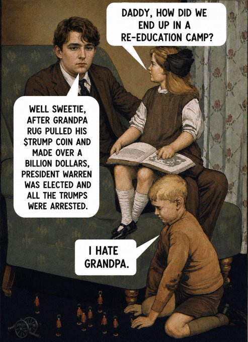 In this image, a dialogue is depicted where children are asking their father about being in a "re-education camp" after Grandpa's "$Trump Coin" venture led to President Warren's election and the arrest of "all the Trumps." This visually represents a hypothetical scenario questioning the implications for the Trump family and their supporters if Democrats were to regain power, as suggested by the accompanying post.