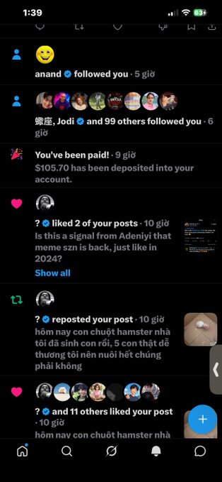 A screenshot of a social media notification feed on a mobile device showing various alerts including follows, likes, reposts, and a payment notification of $105.70, with timestamps in Vietnamese.