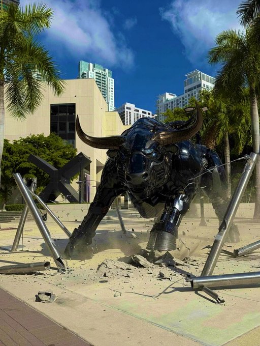 A large mechanical bull sculpture bursting through a concrete platform, scattering debris, with palm trees and city buildings visible in the background under a blue sky.