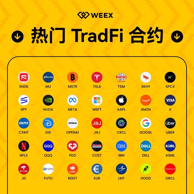 The image is a WEEX promotional graphic titled "热门 TradFi 合约" (Popular TradFi Contracts), displaying a grid of 35 stock and ETF tickers available for trading, including SNDK, MU, MSTR, TSLA, TSM, SKHY, SPCX, SPY, NVDA, META, MSFT, AAPL, AMZN, V, CXMT, DIS, OPENAI, JNJ, CRCL, GOOGL, UBER, NFLX, QQQ, PDD, COST, IBM, DELL, ASML, JD, FUTU, RDDT, EUR, LMT, HOOD, and ORCL. It relates to the post by illustrating the wide range of volatile TradFi assets whose rapid price swings during earnings releases and market openings can derail planned entry positions.