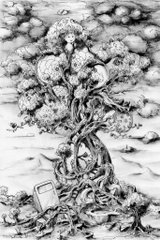 A black and white ink drawing of a small figure standing beneath a gnarled, twisted tree in a rocky landscape.