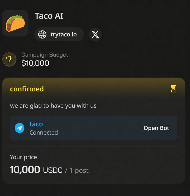 In the image, a cellphone screen displays a message from Taco AI advertising campaign for its tacos. The advertisement promotes itself as an AI-powered taco ordering system with a user-friendly interface, offering both free and premium options priced at $10,000/post. Users can order tacos online or via messaging apps like WhatsApp, connecting Taco AI to the open bot that is currently operating on their device. The message invites users to try the service and share their experience on social media using the provided hashtag.