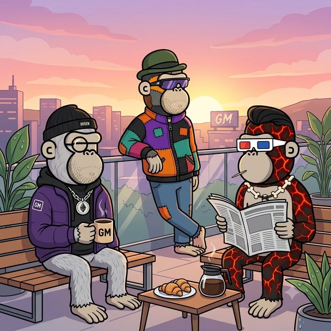 A cartoon illustration of three stylized monkey characters in urban attire relaxing on a rooftop at sunset, with 'GM' labels on clothing, a mug, and a billboard.