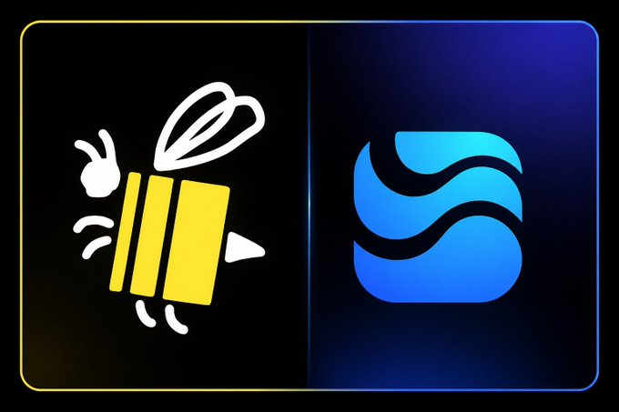 A split graphic with a yellow border shows a stylized bee logo on the left (with yellow and black striped body, white wings) and a blue wave-like logo on the right against a dark background.
