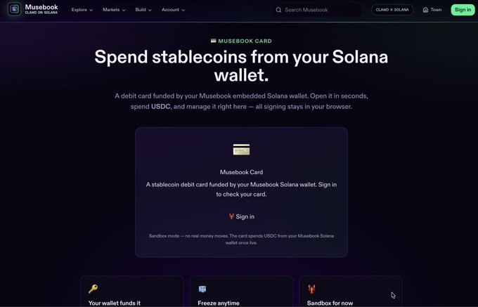 A screenshot of the Musebook website advertising their 'Musebook CARD' product, a stablecoin debit card funded by a Solana wallet, with text reading 'Spend stablecoins from your Solana wallet'.