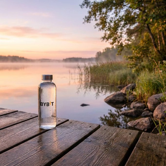 A clear reusable bottle sits on a dock by a misty lake at sunrise, with "BYBT" printed on its side as a calm, wellness-focused morning greeting to the GM crew.