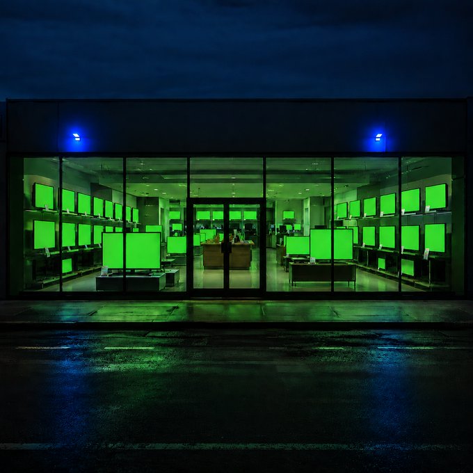 A storefront at night glows with rows of identical bright green screens displaying no imagery, accompanied only by two blue lights above the entrance and a reflective wet pavement below—evoking the prophetic emptiness promised by "There will be signs."