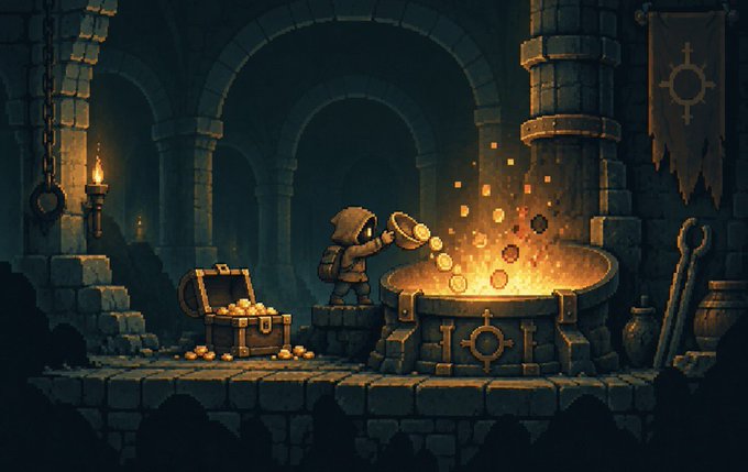 A pixel art game scene showing a hooded figure pouring coins into a glowing cauldron filled with treasure inside a stone dungeon with a chest of gold nearby.
