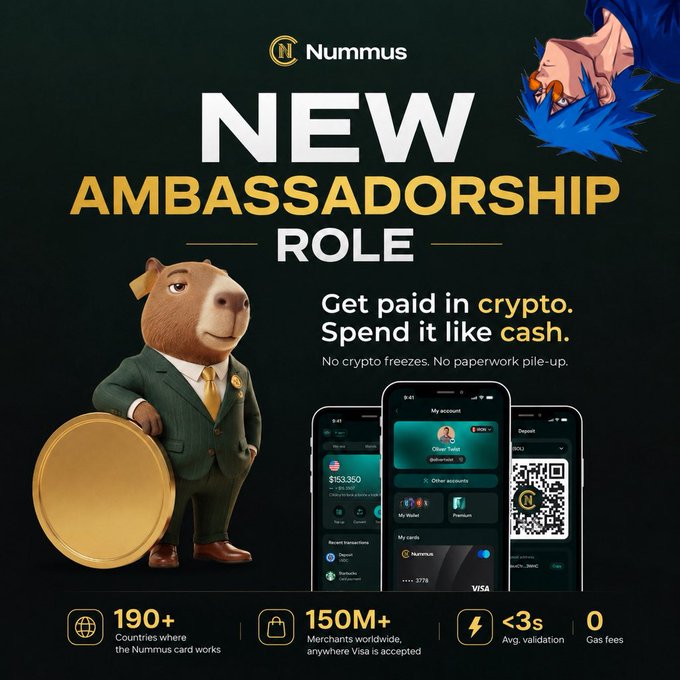 A promotional graphic announces a "NEW AMBASSADORSHIP ROLE" for Nummus, featuring a 3D capybara mascot in a green suit beside smartphones displaying the app interface. Key stats highlight that the Nummus card works in "190+ Countries," is accepted at "150M+ Merchants worldwide," has "<3s" average validation, and "0" gas fees, reinforcing the post's message about making crypto practical for everyday spending like cash.