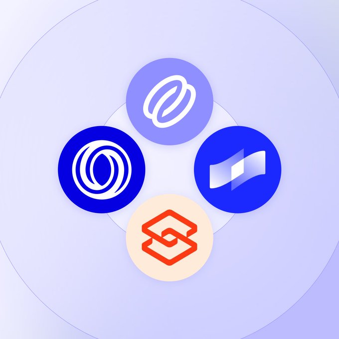 A digital graphic displaying four circular logos arranged in a cross pattern against a light purple background, including a stylized 'D' in purple, a circular 'C' design in blue, a blue flag icon, and an orange 'S' geometric design.