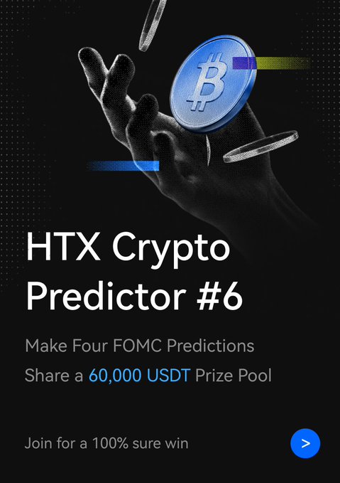 A promotional graphic for HTX's "Crypto Predictor #6" campaign, featuring a hand catching a Bitcoin coin against a dark background. The text advertises the contest to "Make Four FOMC Predictions" and share a "60,000 USDT Prize Pool," tying directly to the post about predicting the October 28 FOMC rate decision and BTC's price movements at 1, 2, and 4-hour intervals for a guaranteed win.