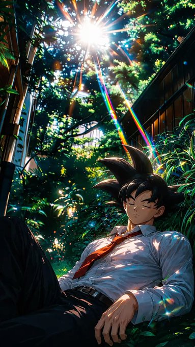 An anime-style illustration depicts a young man with spiky black hair and a red tie resting in a lush green garden, with bright sunlight creating a colorful lens flare through the trees.