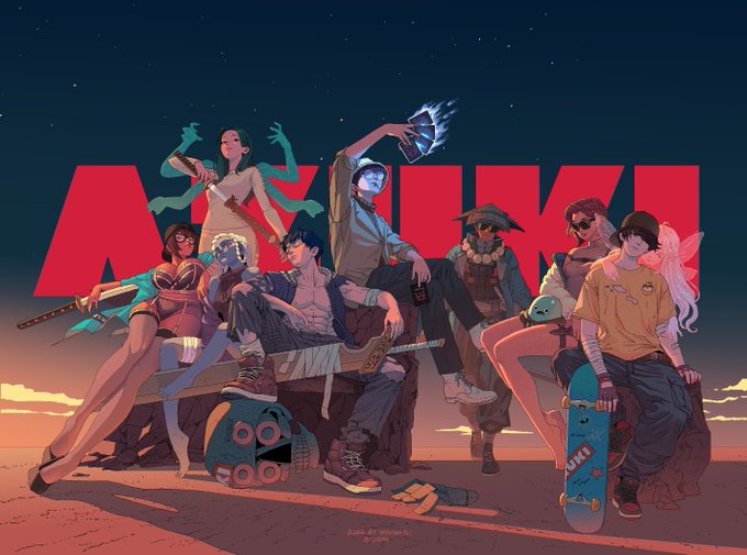 Stylized anime-style artwork showing a group of characters sitting together in a desert landscape at sunset, with the large red text 'AVIKI' displayed prominently behind them.