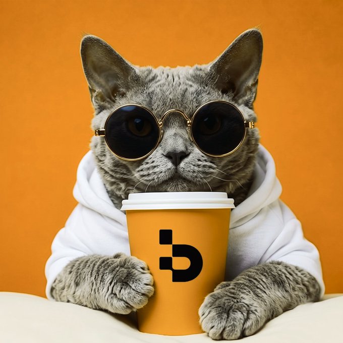 A gray tabby cat wearing round gold-rimmed sunglasses and a white hoodie holds an orange coffee cup featuring a black 'b' logo against an orange background.