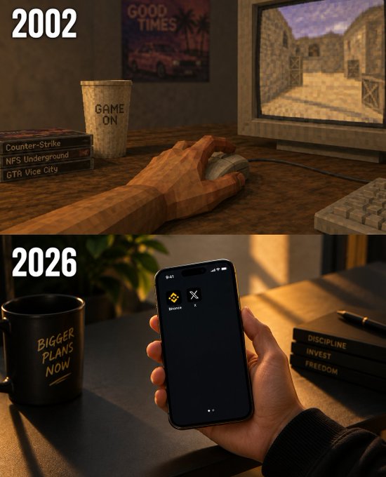 A split image contrasts a 2002 scene of a hand on a mouse playing Counter-Strike, NFS Underground, and GTA Vice City beside a "GAME ON" mug, with a 2026 scene of a hand holding a phone displaying the Binance and X apps next to a "BIGGER PLANS NOW" mug and books titled "DISCIPLINE," "INVEST," and "FREEDOM"—visually echoing the post's "Right ?" with a nostalgic nod to how gaming culture has shifted toward crypto trading.