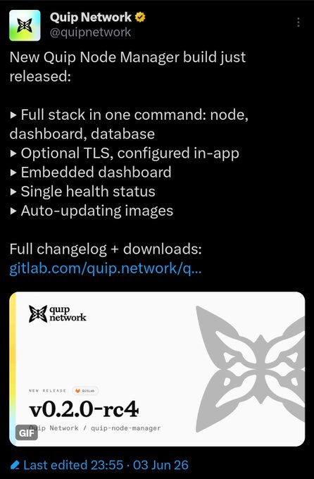 The image shows a screenshot of a Twitter post from Quip Network, which is about a new node manager build that has been released. The post includes information about the new node manager and its features, as well as instructions for users on how to use it. The main focus of the post is the simplicity of the deployment process, with only one command needed instead of multiple steps. This highlights the importance of focusing on what's relevant in the image and how it connects to the post about the new node manager build.