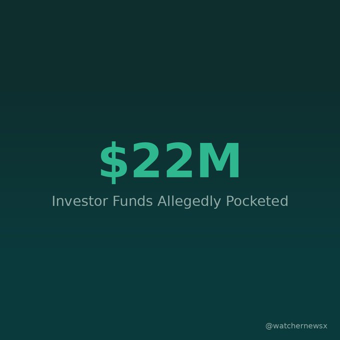 A dark green graphic displaying '$22M Investor Funds Allegedly Pocketed' with the handle @watchernewsx in the corner.