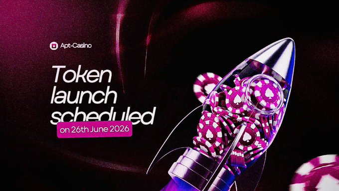 A promotional graphic for @Apt_Casino announcing a "Token launch scheduled on 26th June 2026," featuring a sleek rocket made of pink and black poker chips soaring against a dark magenta background. The imagery visually reinforces the post's message about building a lasting Web3 gaming platform, using the rocket as a metaphor for the project's launch and momentum on Aptos.