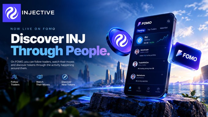 A promotional advertisement for the INJECTIVE cryptocurrency on the FOMO platform, with the tagline "Discover INJ Through People," showing features like Follow Traders, Watch Their Moves, and Discover New Tokens.