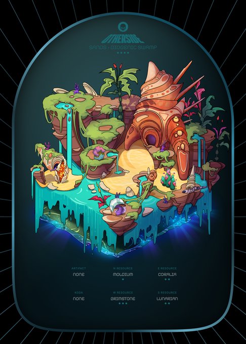 A digital illustration depicts a floating fantasy island featuring a giant snail shell, a waterfall, and cacti, titled 'SANDS OF ODENIC SWAMP' and listing resources like Molotrum, Coralia, Brimstone, and Lunarian.