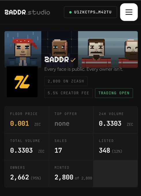 A screenshot from ZADDR.studio shows a collection of pixelated NFT avatars with a floor price of 0.001 ZEC, 17 sales, and 348 listed.