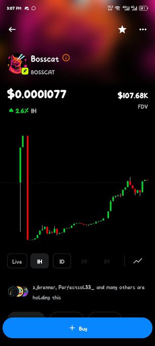 A mobile app screenshot showing the BOSSCAT cryptocurrency token trading at $0.0001077, up 2.67% in 1 hour, with a FDV of $107.68K and a candlestick chart displayed.
