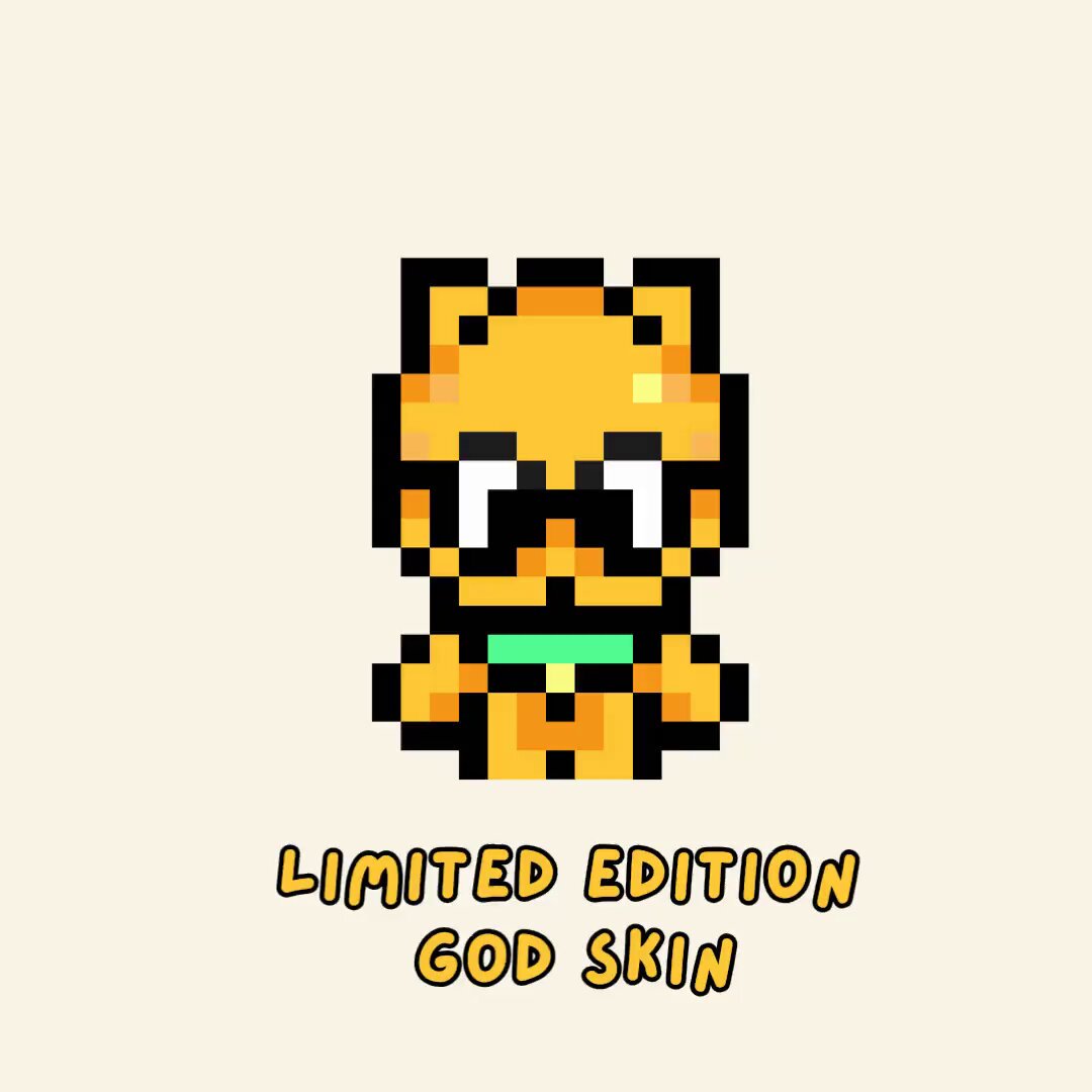 The image features a small cartoon cat wearing glasses, which appears to be a character from a video game or animation series. The cat has a green band around its neck, adding a unique touch to its appearance. In the background of the image, there is text that reads "Limited Edition God Skin" and "All you have to do is join one race to grab an exclusive god skin". This suggests that the cat might be related to a game or series where players can collect special skins by completing certain tasks or challenges within the game. The limited edition status of the image implies that it could be a rare or exclusive item, making it even more appealing for fans of the game or series.