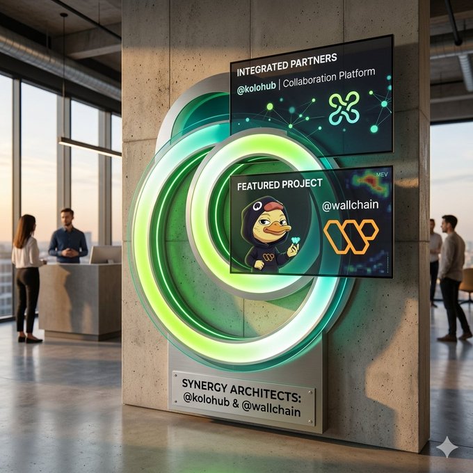 The image shows a large screen displaying an advertisement for @Wallchain. The advertisement features a cartoon duck holding a sign that says "Featured Project" with a social media handle "@wallchain". The background of the advertisement includes a person standing near a window, another person in front of a TV, and a third person sitting on a chair.