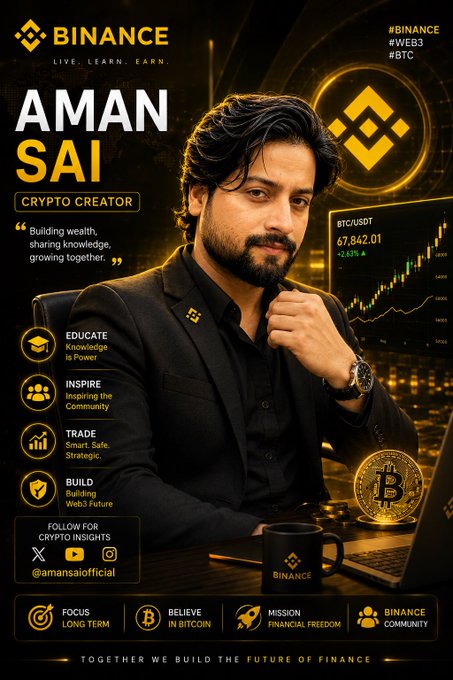 A Binance promotional poster featuring 'AMAN SAI' as a Crypto Creator with hashtags #BINANCE #WEB3 #BTC, showing BTC/USDT at 67,842.01, and listing values like EDUCATE, INSPIRE, TRADE, and BUILD.