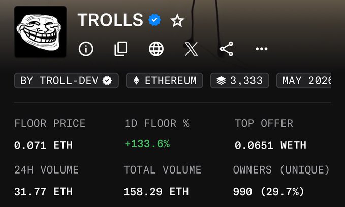 The image shows a screenshot of a finance page featuring a list of cryptocurrency options with their corresponding values. Among these options are two types of floors and one type of ether, each priced at 0.07E above the total value of the floors (0.33E). The text on this page states "I was one of the first to share @Troll before the mint went live Some people called me retarded ... It's now trading @0.07E, 4.5x above mint price". The image seems to be an advertisement for a new cryptocurrency product or update to an existing cryptocurrency project that is aimed at reaching a wider audience by leveraging humor and relatability with the "@Troll" symbol and its connection to the finance page's content.
