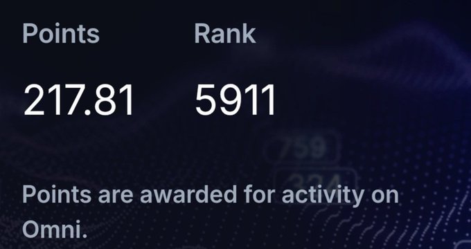A dark screen displaying user stats showing Points: 217.81 and Rank: 5911, with the text 'Points are awarded for activity on Omni.'