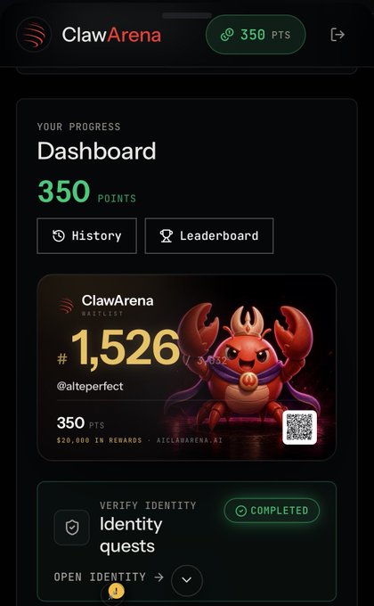 A ClawArena dashboard shows 350 points, a ranking of #1,526 (@alteperfect), and a completed identity verification quest for ATCLAWARENA.AI, featuring a red crab mascot.