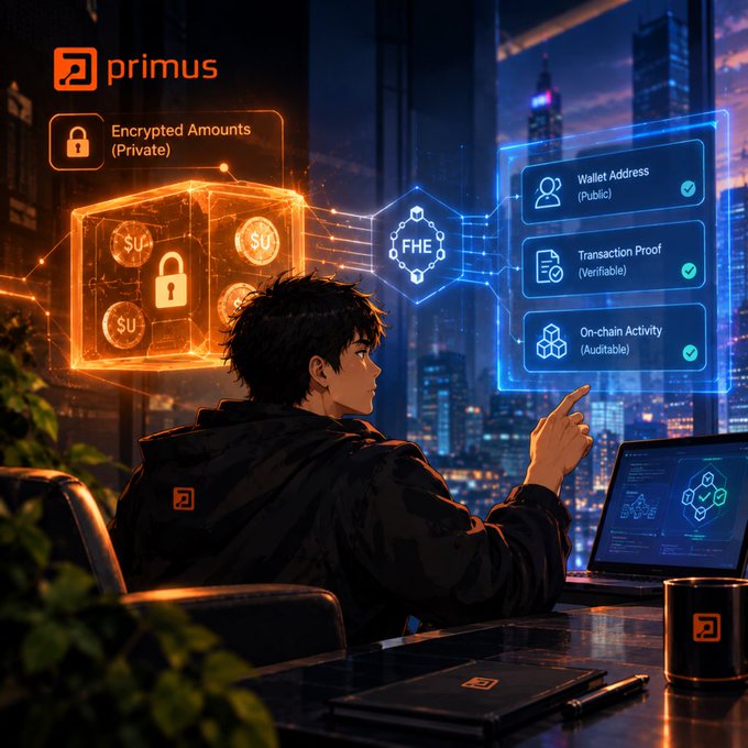 A young man in a Primus-branded jacket sits at a desk overlooking a neon city skyline, interacting with floating holographic panels labeled "Encrypted Amounts (Private)" and "Wallet Address (Public)," "Transaction Proof (Verifiable)," and "On-chain Activity (Auditable)"—all linked through a central "FHE" (Fully Homomorphic Encryption) node. The image visually illustrates the post's message: Primus Labs uses FHE to keep financial data private while maintaining transparent, verifiable on-chain activity.