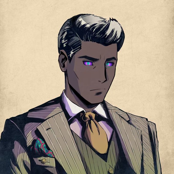 A stylized comic book illustration of a dark-skinned man with slicked-back black hair with white streaks, glowing purple eyes, and wearing a pinstripe suit with a yellow tie.