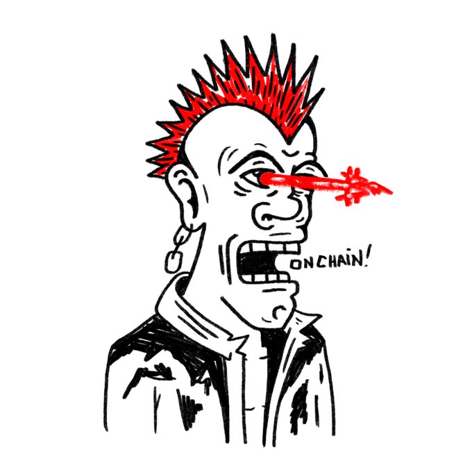 A punk-style cartoon illustration of a person with a red mohawk and red laser beam shooting from their eye, with the text 'ON CHAIN!' next to their mouth.