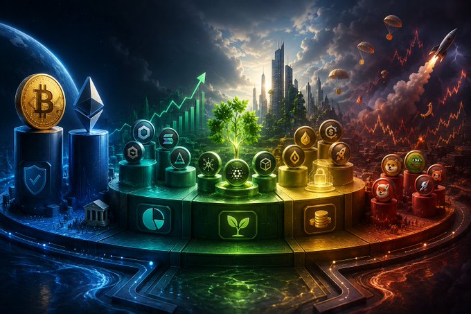 Digital artwork depicting various cryptocurrencies including Bitcoin and Ethereum on pedestals in a platform split between a thriving city and a crumbling one.