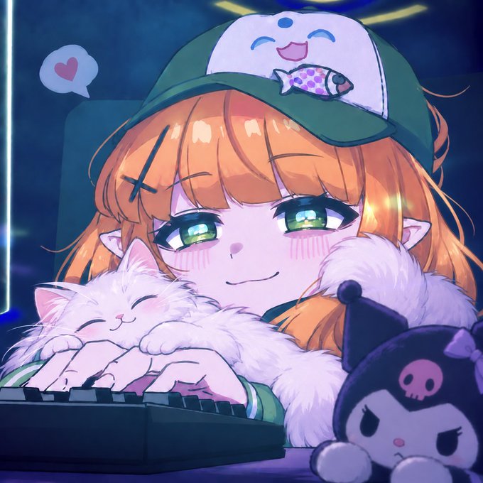 A close-up anime illustration of a girl with orange hair and green eyes wearing a green cap with a cute mascot design, holding a fluffy white cat while using a keyboard, with a Kuromi plush toy visible nearby.