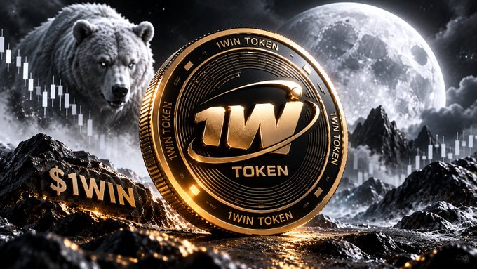A promotional graphic for "1WIN TOKEN" features a large gold coin with the 1W logo set against a rocky landscape with a bear, moon, and financial chart in the background.