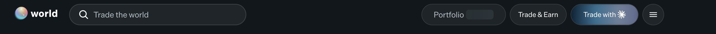 The image shows a dark navigation bar from the "world" app featuring a search field with the prompt "Trade the world," along with menu buttons labeled "Portfolio," "Trade & Earn," and "Trade with [sunburst icon]," matching the post's announcement about trading via Claude on World.