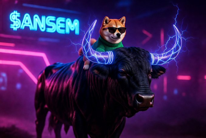 A neon-lit digital artwork showing a Shiba Inu dog wearing sunglasses and a green sweater riding on the back of a black bull with electric blue horns, with '$ANSEM' in neon text on the left.