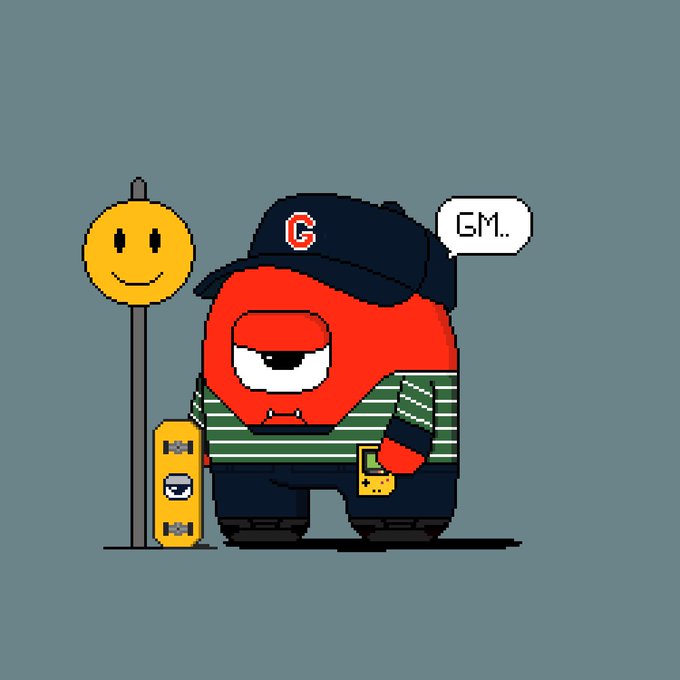 A pixel-art style illustration of a red, one-eyed character wearing a 'G' cap and green striped shirt, holding a yellow skateboard and a Game Boy, with a speech bubble saying 'GM.'